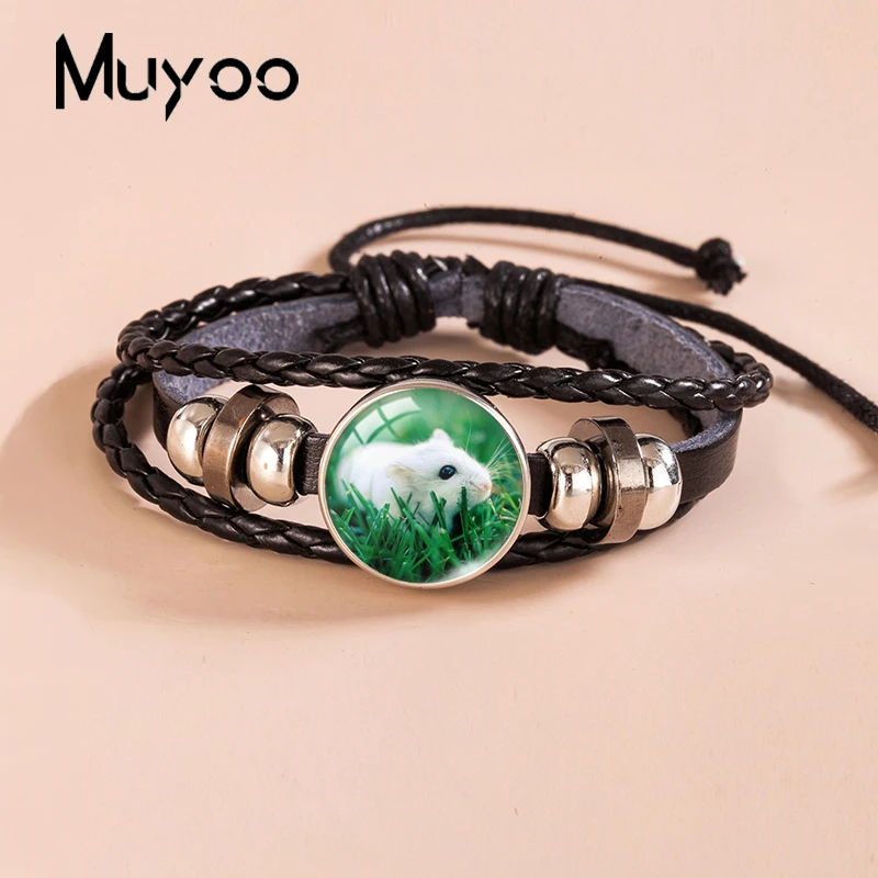 2023 New Peanut Hamster Leather Bracelet Cute Mouse Snap Button Bracelets Glass Dome Photo Bangles For Men