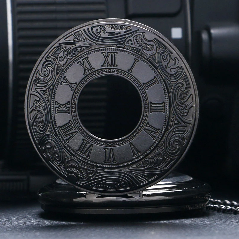 Classic Black Roman Scale Display Quartz Pocket Watch Vintage Masculino Relogio Pendant Necklace Chain Leisure Men's Gift Clock