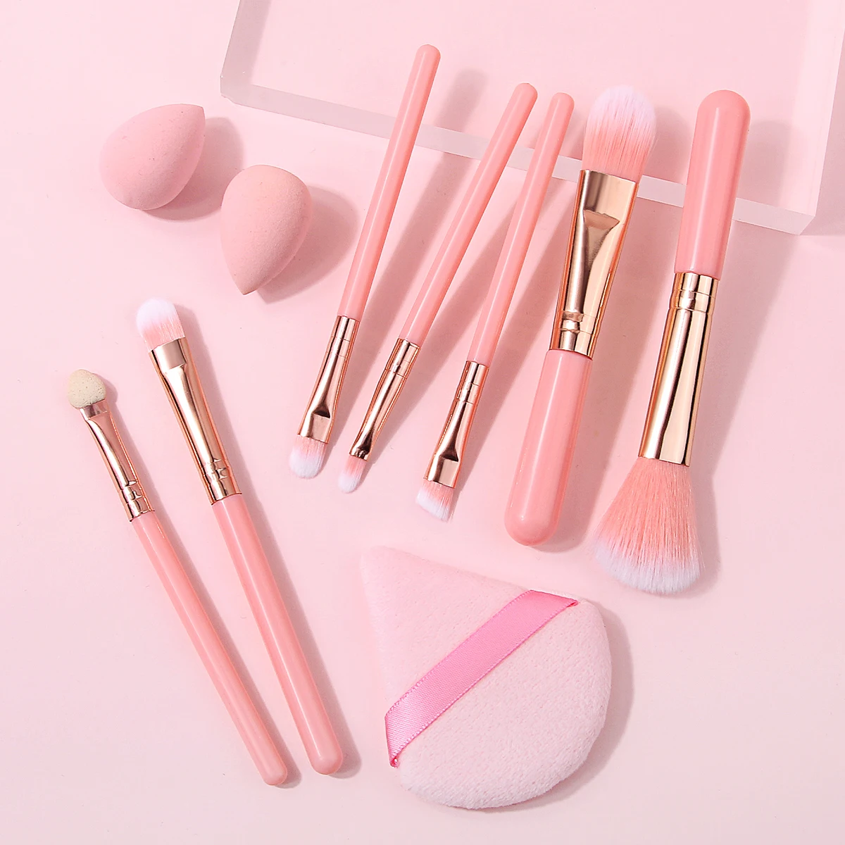10Pcs Pink Makeup Brush Set,Makeup sponge,Daily Makeup Tools for Beginners,Face & Eye Makeup