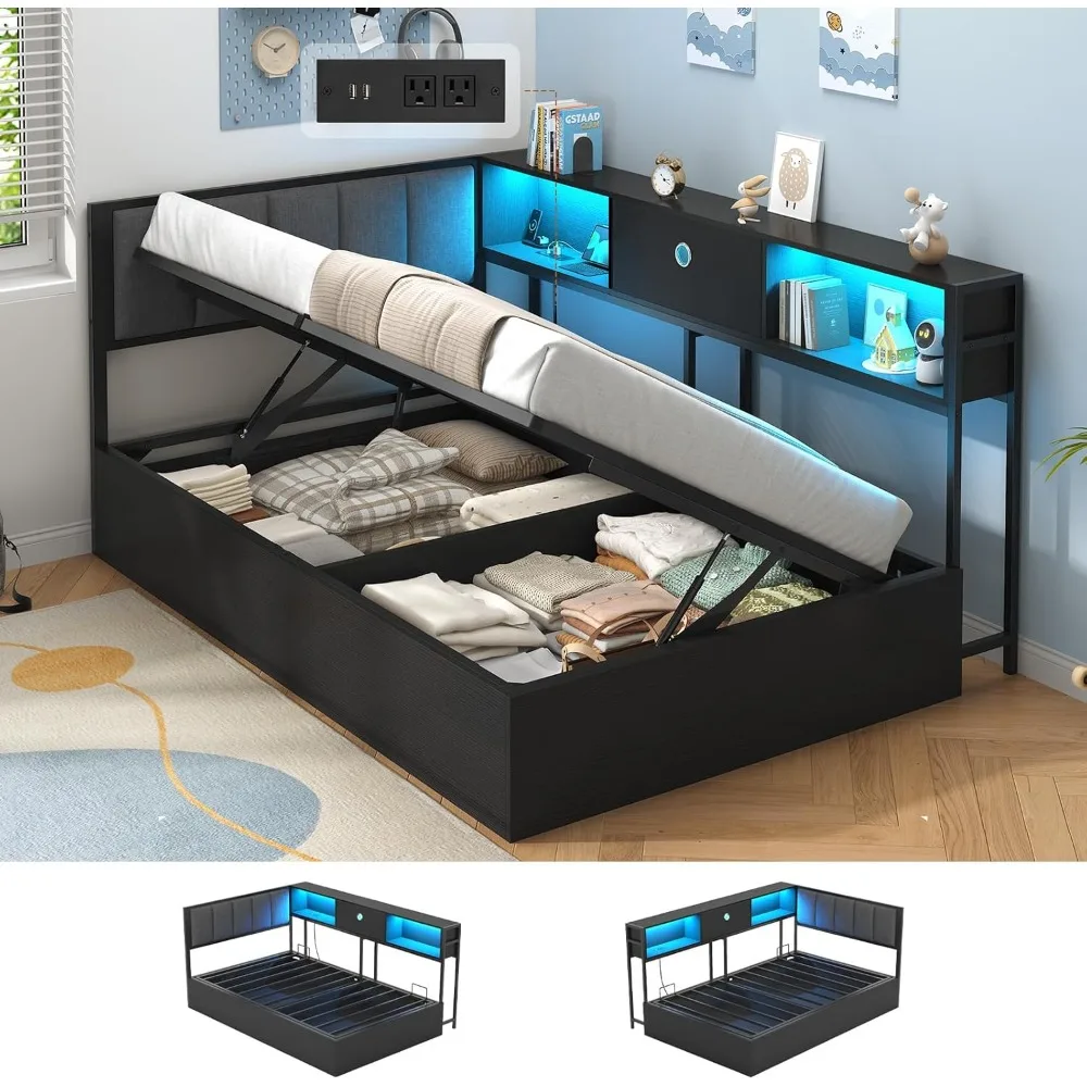 

Corner double lift bed frame with charging station and LED lights, double sofa bed with soft cushion headboard and sofa