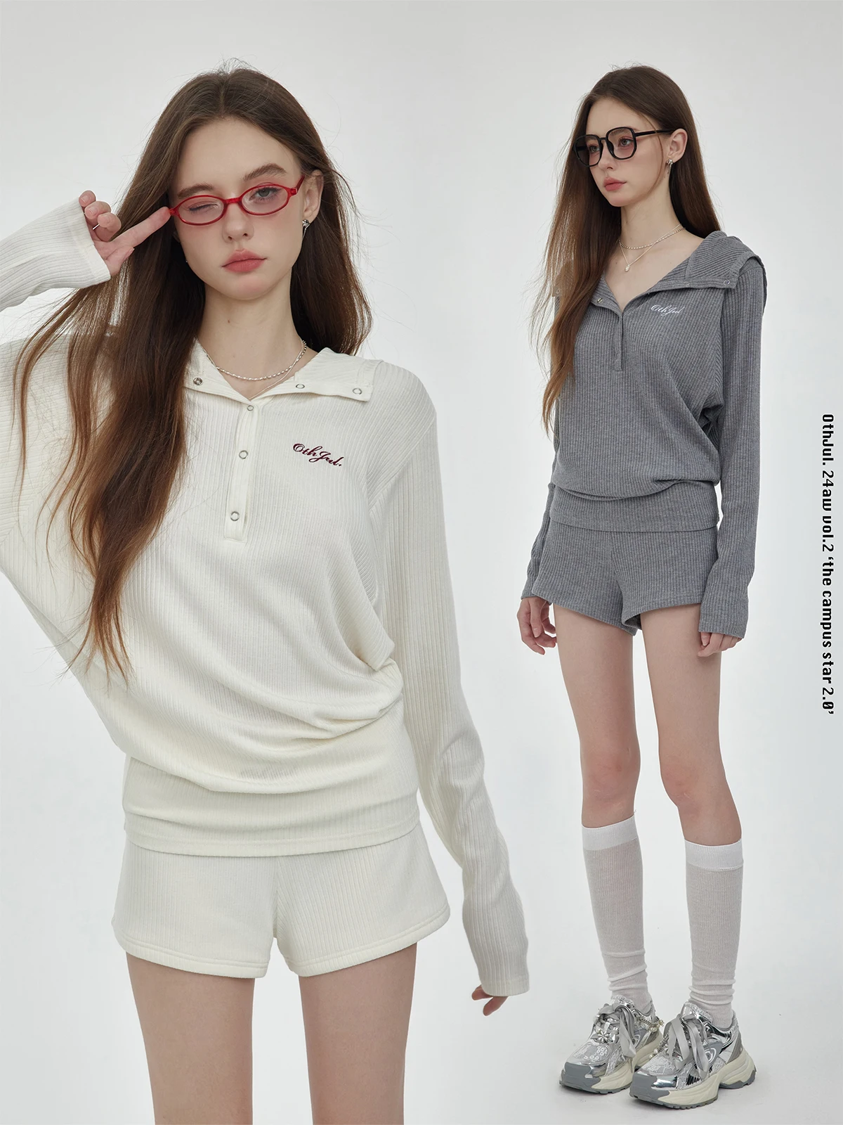 

OthJul Casual Loose Collar Embroidered irt Knitted Long Sve Two Color Set Sweet Sle Cotton Blend Polyester Spandex