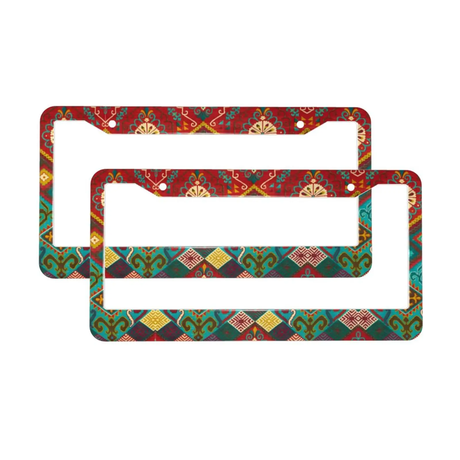 Boho Jacquard Pattern License Plate Holder Colorful Stainless Steel Car Accessory Funny License Plate Decoration with Screws