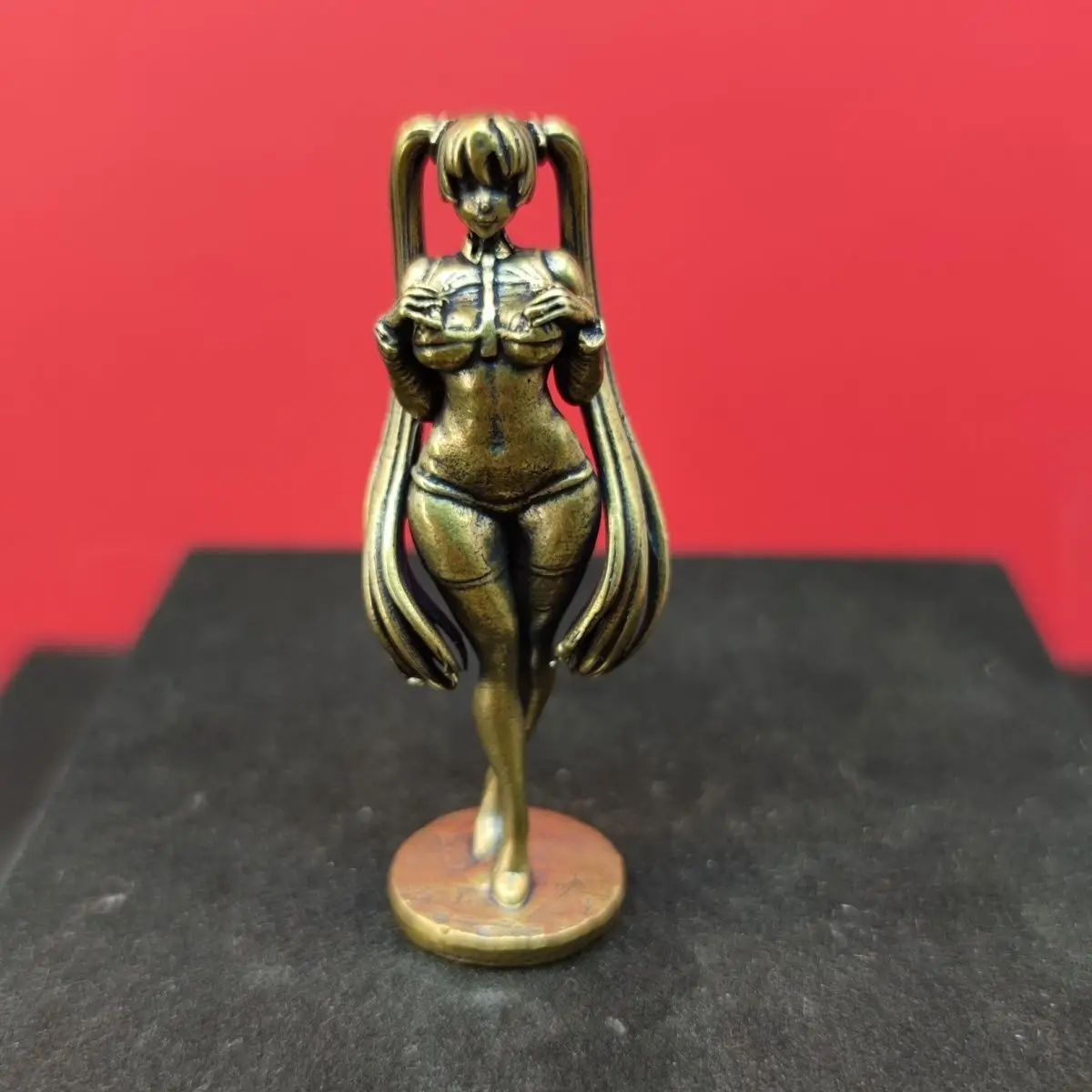 Vintage Solid Brass Anime Girl Figure - Haired Singer Swimsuit Statue for Desktop Display, Collectible Art Gift for Fans