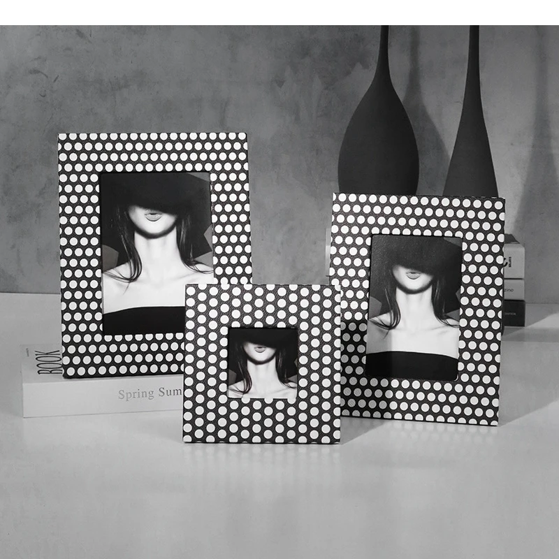 Leather Photo Frame Rectangle Black and White Dots Circular Spot Picture Cortex Poster Desktop Storage Home Decoration