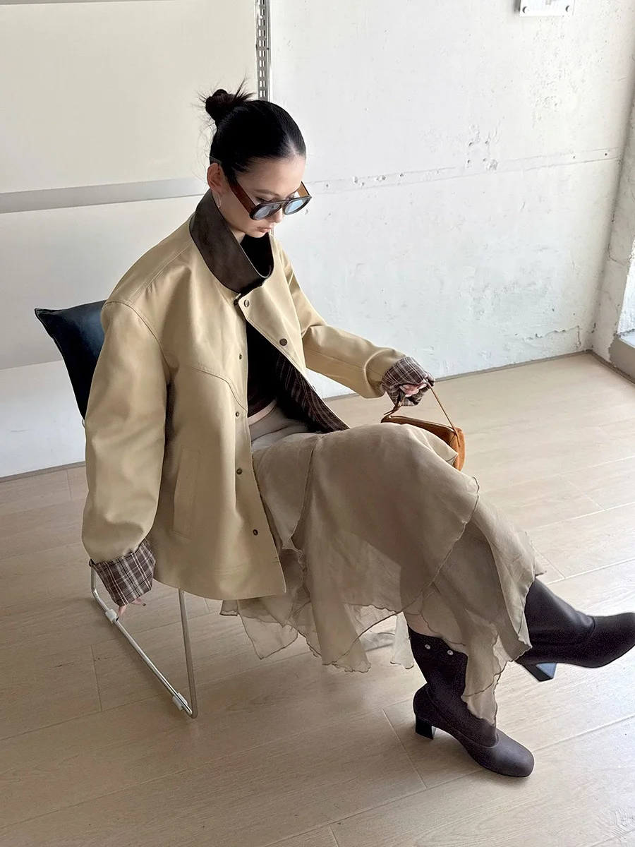 

Женский двусторонний тренч-пальто цвета хаки в клетку, свободного кроя, модная осенняя верхняя одежда для повседневной носки