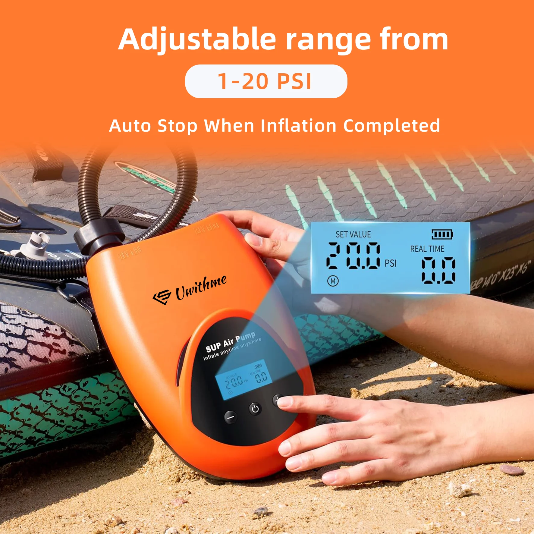 Portable Electric Pump 20PSI 15000mAh Rechargeable Wireless LCD Display Inflator Dual Function 12V DC for SUP Paddle Board Boat