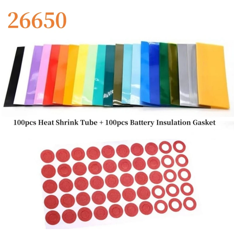 100pcs 26650 Battery Wrap Sleeve Heat Shrink Tube + 100pcs Barley Paper Rings Shrinkable Insulated Skin PVC FilmTape Cover Pipe