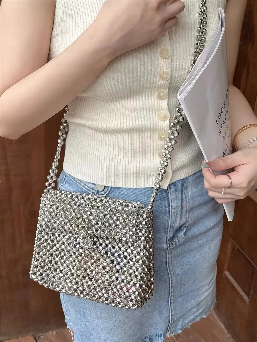 

Silver Beads Beading Woven Handmade Square Bag Women Fashion Handbag Mobile Phone Bag Shoulder Crossbody Bag Female Casual Bag