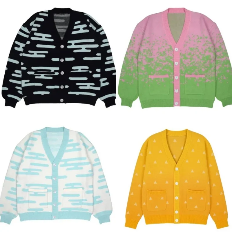 Demon Slayer Tanjirou-suéter de punto Unisex con cuello en V, disfraz de Cosplay, cárdigan cálido, chaqueta de Anime de Halloween para todas las edades