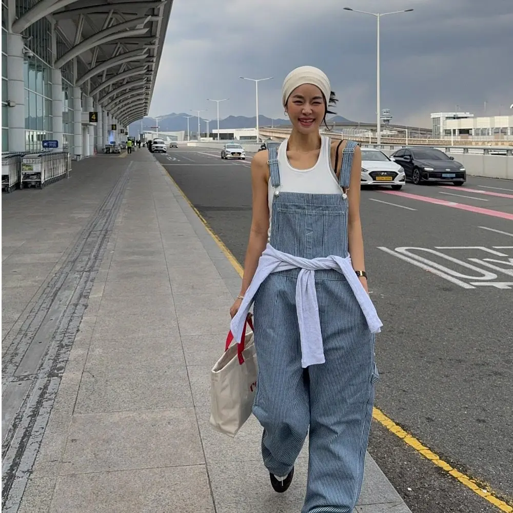 

East Gate Vintage Vertical Stripes Loose Casual Denim Overalls Women's Faionable Agel Wide Leg Pants Cotton Blend