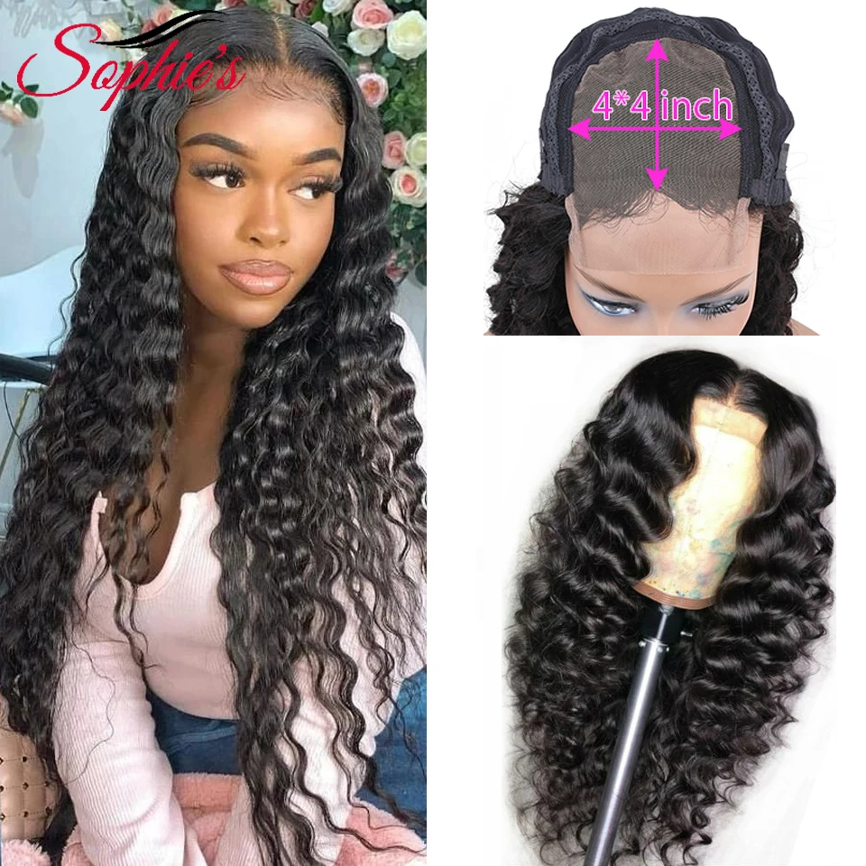 

Sophies Deep Wave 4*4 Lace Closure Human Hair Wigs For Black Women Pre Plucked Hairline 13*1 Lace Part Wig Brazilian Remy Hair