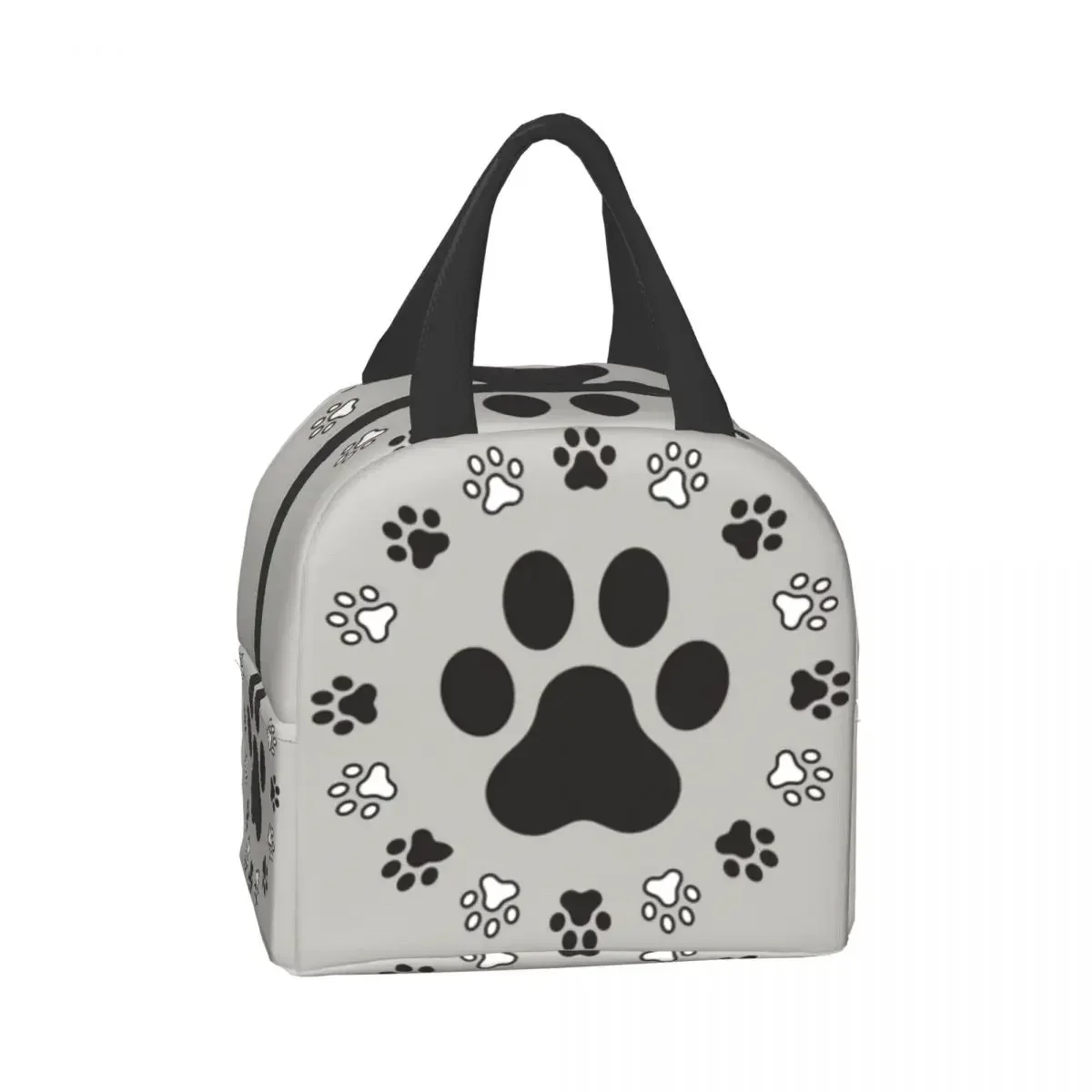 Animal Pug Footprints Portable Lunch Box Women Leakproof Cat Pug And Dog Pug Footprints In Black Food Insulated Lunch Bag