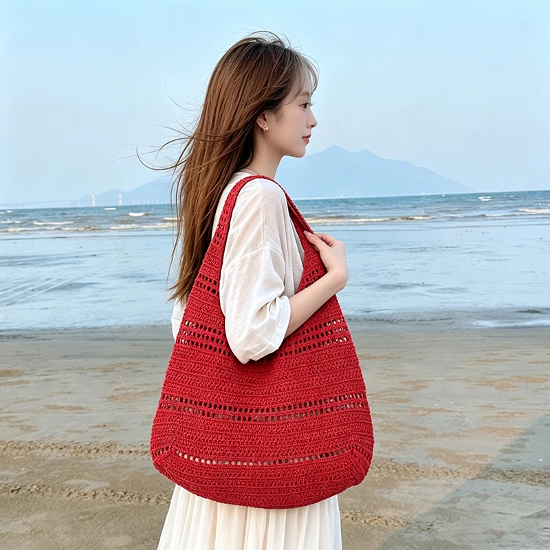 Hohlgestrickte Unterarm-Schultertasche, koreanische Damen-Handtasche, süß, niedlich, schlicht, einfarbig, gewebte Handtasche, lässige Tragetasche für Pendeln und Reisen – Detail 11