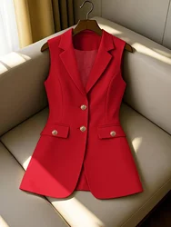 Women's Longline Blazer Vest Sleeveless Notched Lapel Suit Waistcoat with Gold Buttons for Business Office Outerwear Top