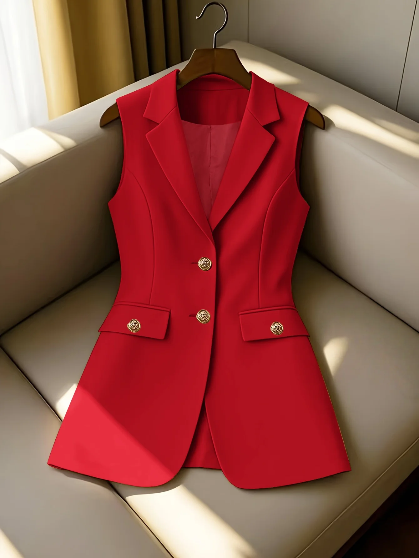 Women's Longline Blazer Vest Sleeveless Notched Lapel Suit Waistcoat with Gold Buttons for Business Office Outerwear Top