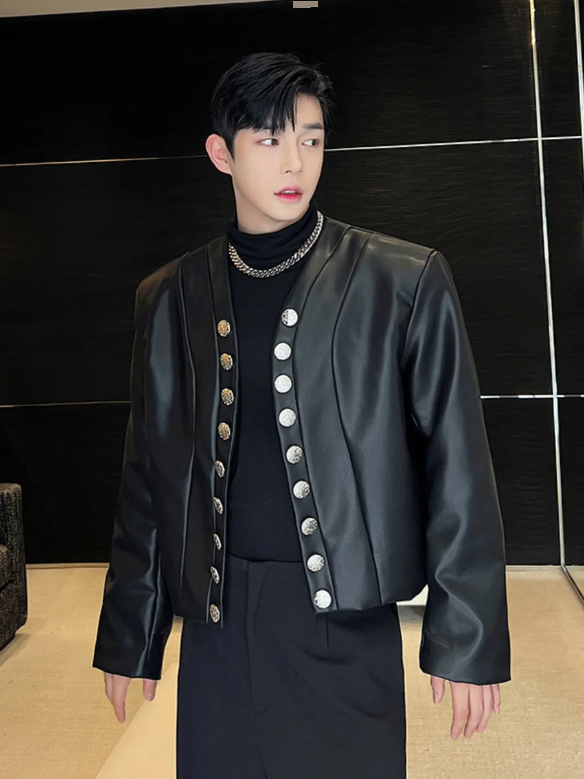 

Осень-зима, мужская куртка из искусственной кожи с v-образным вырезом, открытый кардиган, серебряное синее модное корейское молодежное пальто