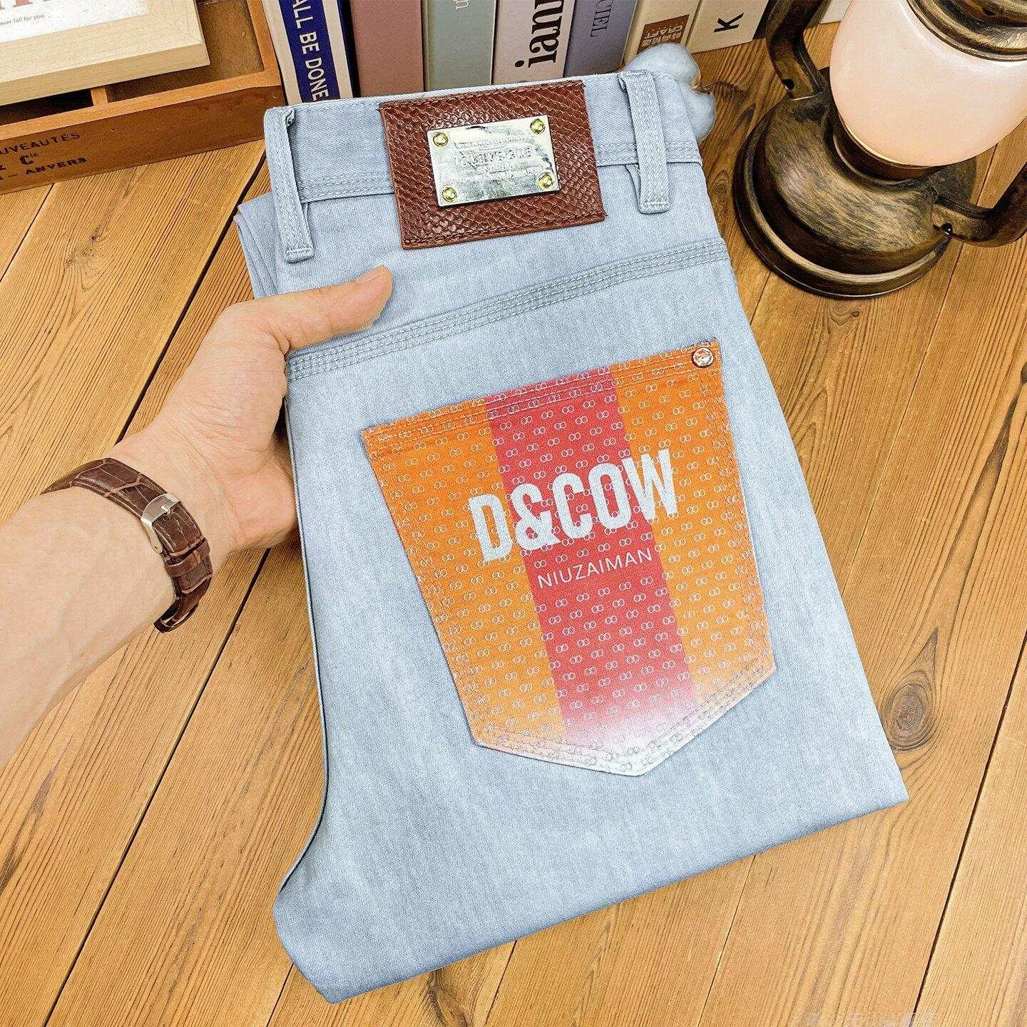 Summer Thin Light Grey Digital Print Men's Jeans Slim Straight Leg Casual High-End Cotton Stretch Denim Comfortable Fit