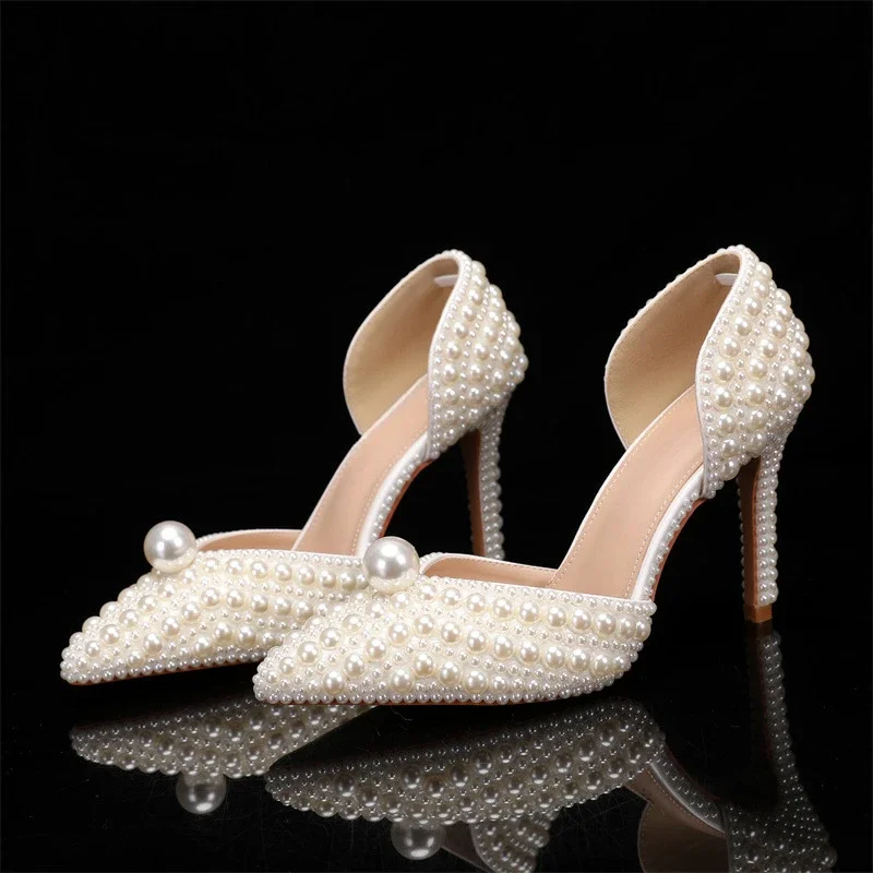 All Pearl Shallow Mouth Summer Sandals Pointed High Heeled Bride\'s Wedding Pearl Women Shoes Size 35-43 Bridesmaid White Sandals