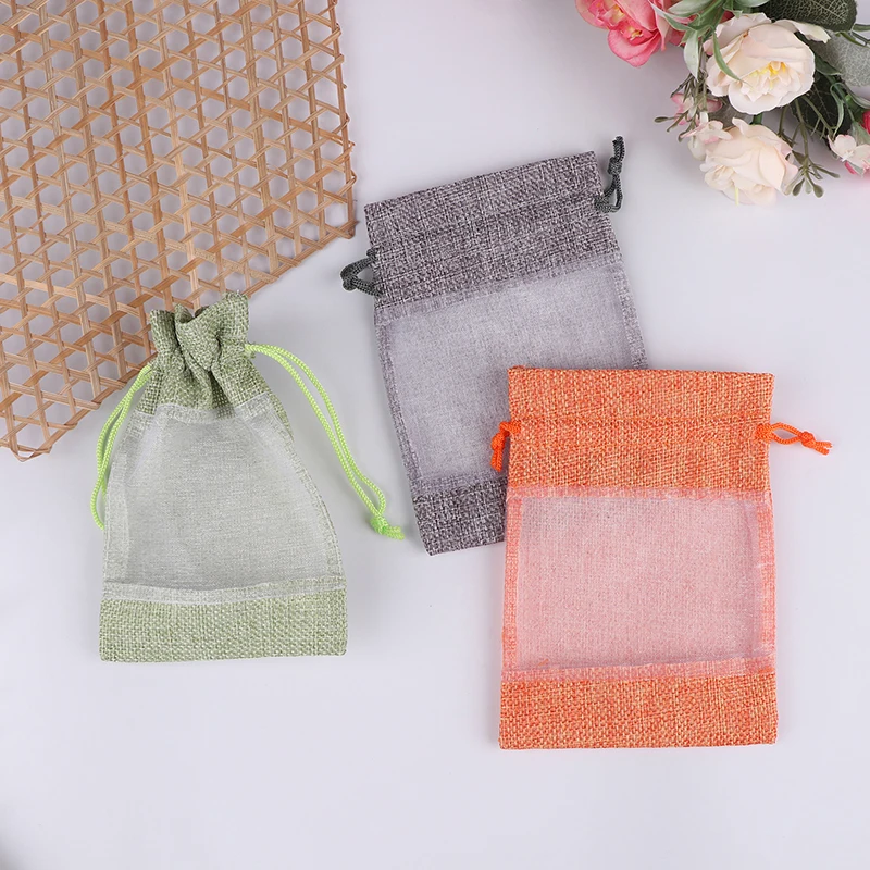 5Pcs Burlap Gift Drawstring Empty Bags With Transparent Organza Window Christmas Wedding Favors Party Jewelry Pouches