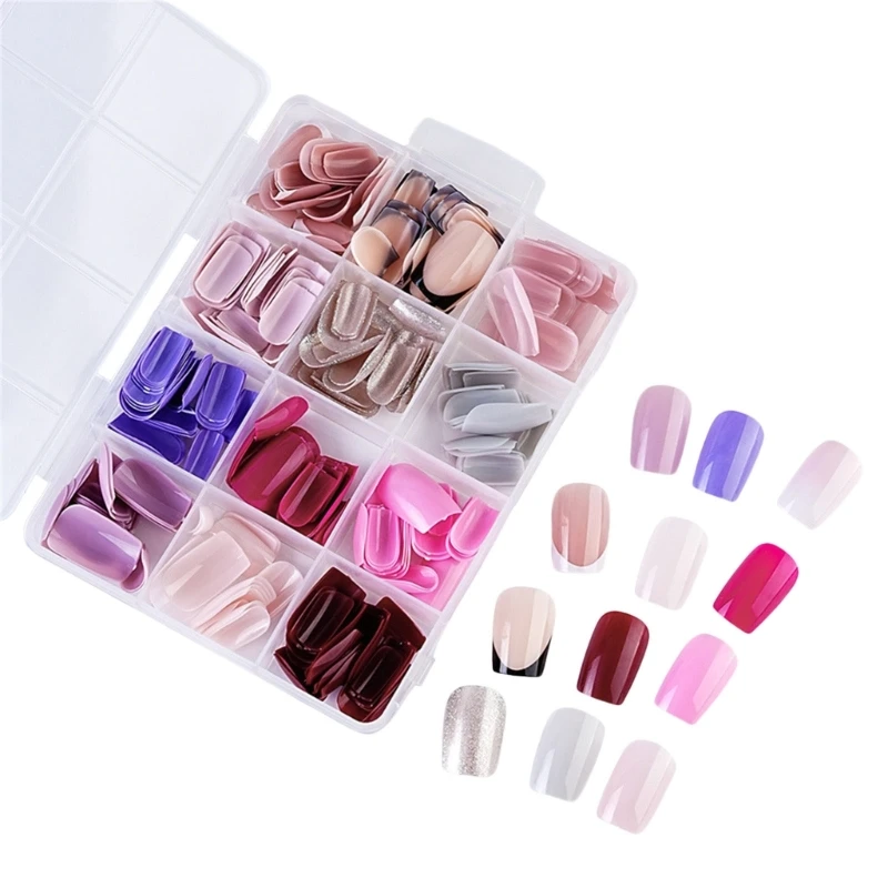 1Box Fashion Medium Square False Nails With Lines Design Comfortable Press On Nails Embellishments for Women