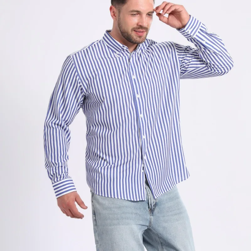 

Men's Blue White Striped Long Sleeve Shirt Stretch Non-Iron Casual Button Down Tops