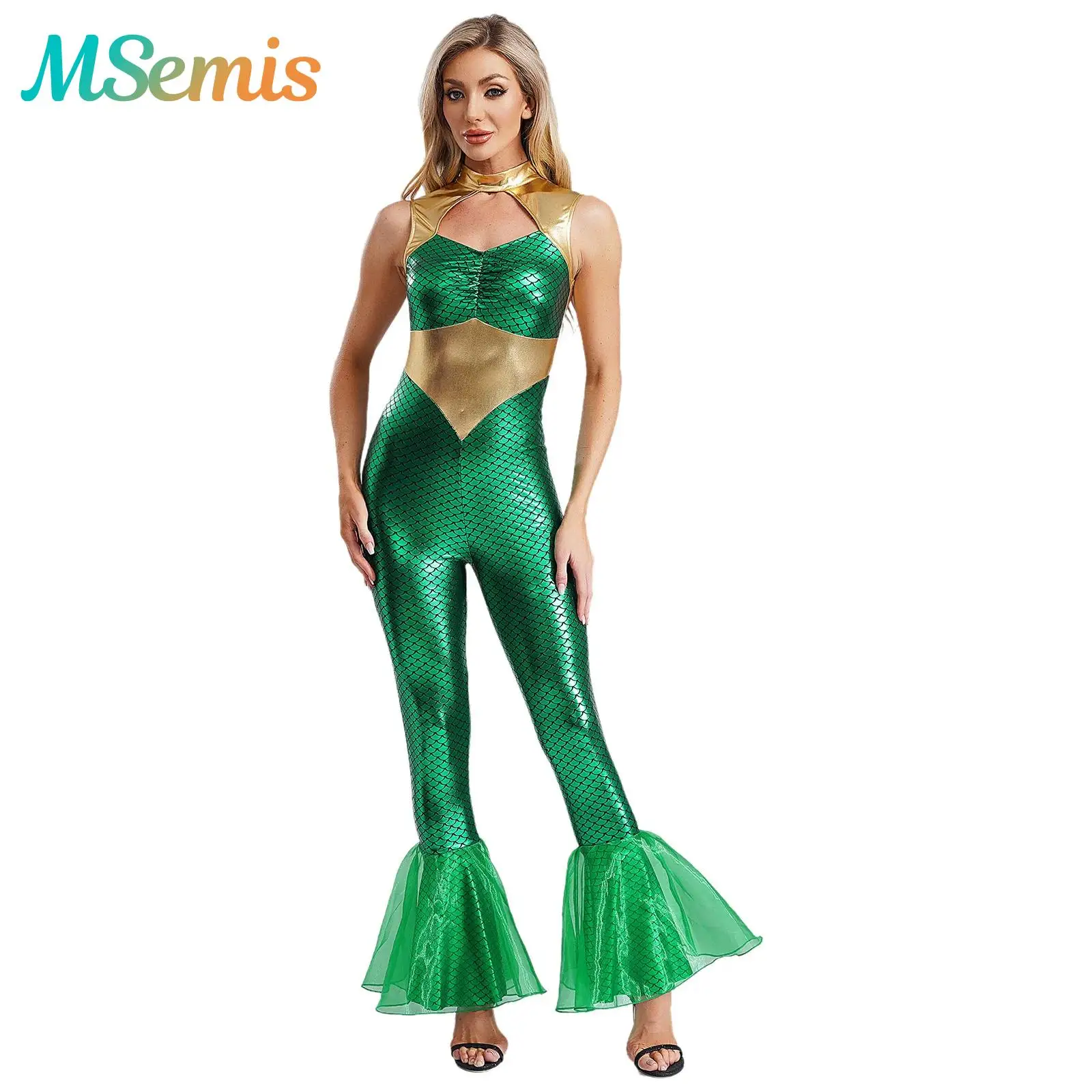 

Womens Princess Cosplay Performance Fish Scales Pattern Mermaid Theme Party Costume Cutout Front Metallic Flared Hem Jumpsuit