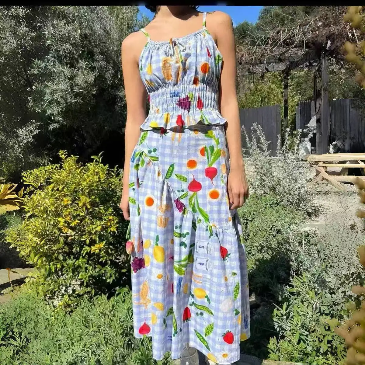 

Paris Lisa Summer Fruit Set Sweet Strap Elastic Waist Skirt Long Dress Cotton No Sleeve Women's Clothing