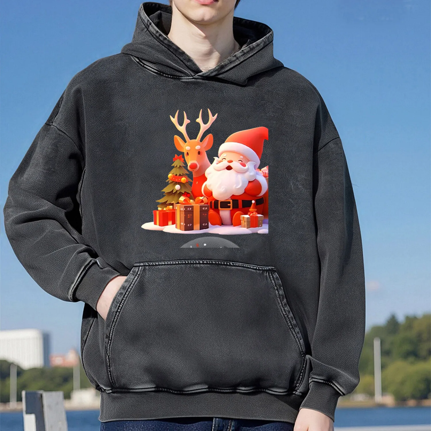 Santa Claus Pattern Retro Washed Hooded Sweatshirt For Men And Women Casual Sportswear Cotton Fashion Street Wear 400G