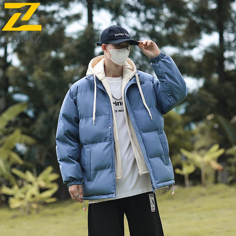 Heren parka jas warme losse nep tweedelige pure kleur straat winterjas wandelen reizen winddicht verdikte trendy broodjas