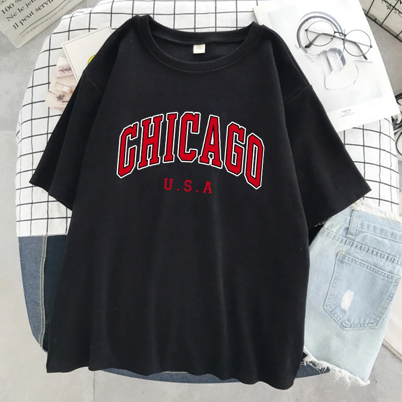 

Chicago Usa City Letter Graphic Print Women T Shirt Street Summer Tshirt Casual Short Sleeve Breathable Cool T-Shirt