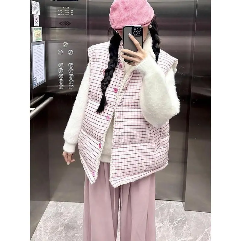 

Жилет женский из овечьей шерсти в клетку, маленький размер, новинка 2025 года, верхняя одежда, на флисовой подкладке, теплый, двусторонний, с ярким узором, Jaet