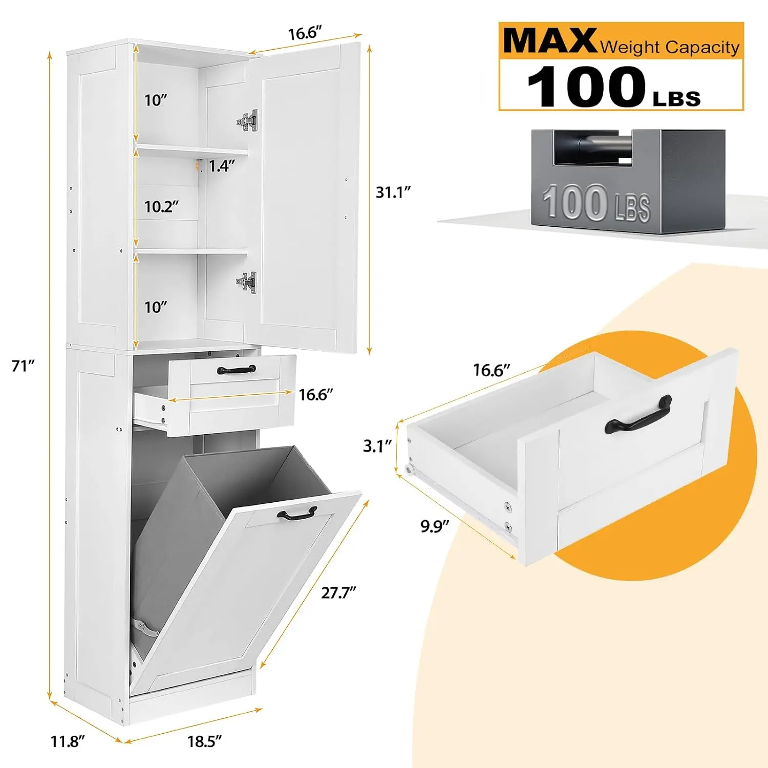 Tilt Out Laundry Hamper Cabinet, 71 Inch Bathroom Storage Cabinet (White), Customized