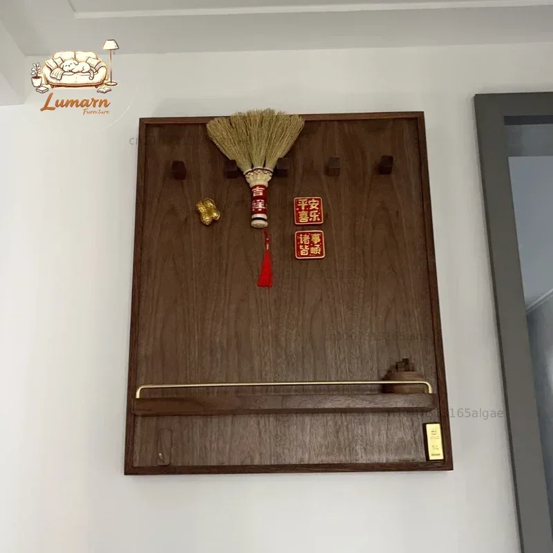 Wall-Mounted Storage Holder with Key Hook Walnut Wood Electric Meter Box Cover Decorative Rack Living Room Elegant Organization view 3