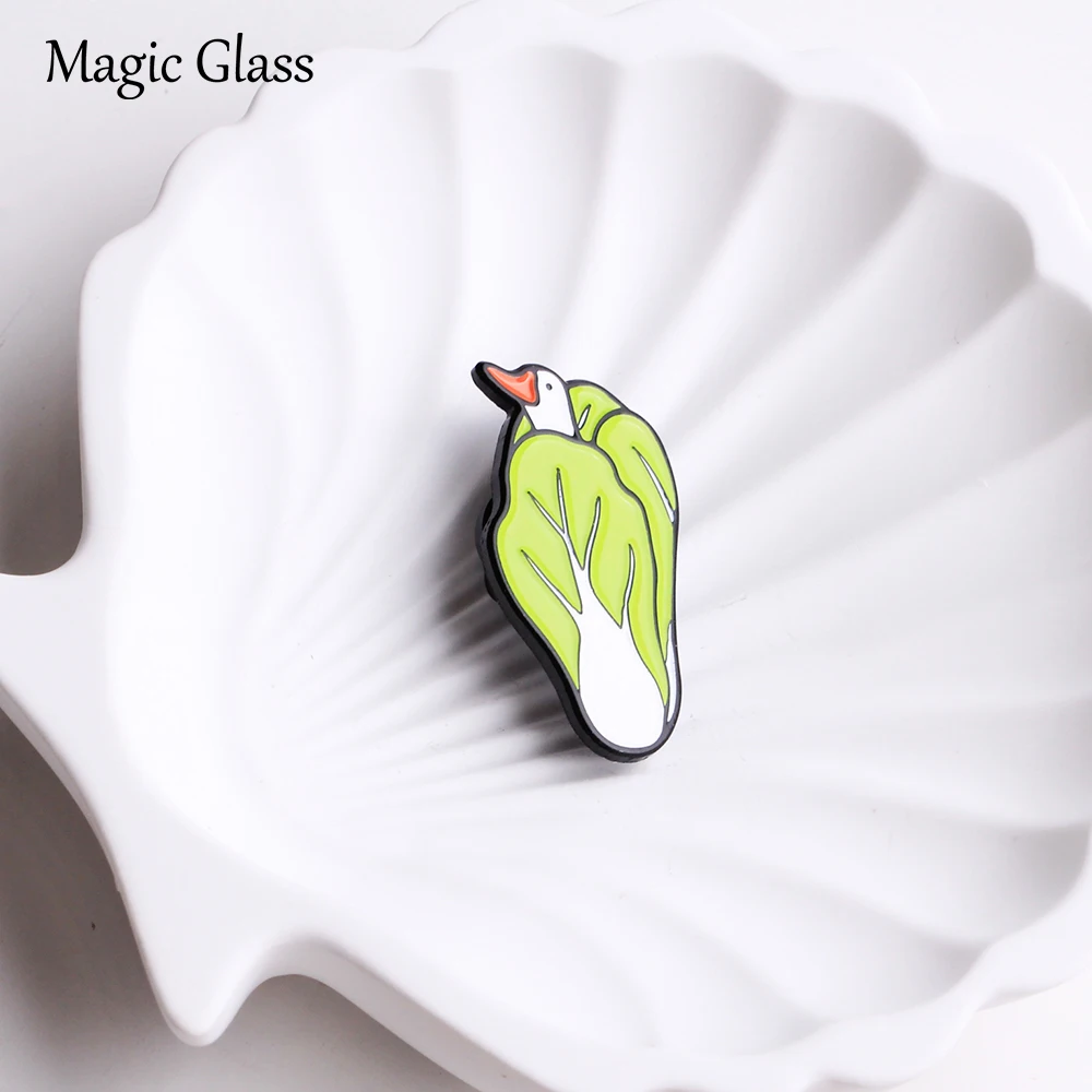 Duck In Chinese Cabbage Enamel Pin, Cute Cartoon Duck Wrapped In Bok Choy Lapel Brooch, Funny Animal Vegetable Badge Decor Gift