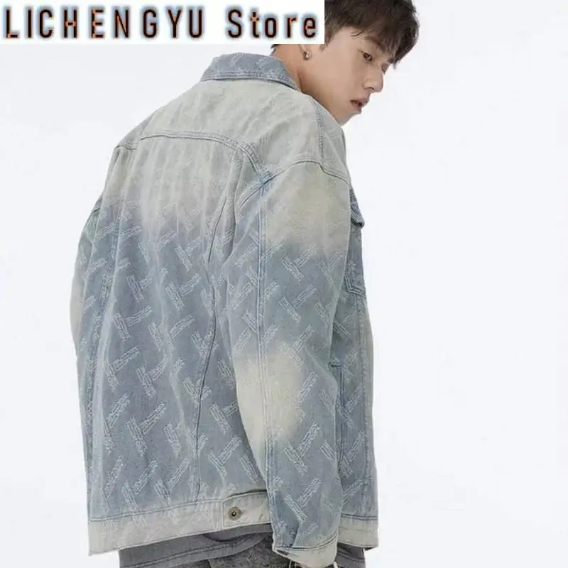 Men's Fashion Vibe Style Hip Hop Jean Jacket Loose Fit Style Texture Denim Coat Jacquard Weave Design Vintage Jean Outerwear