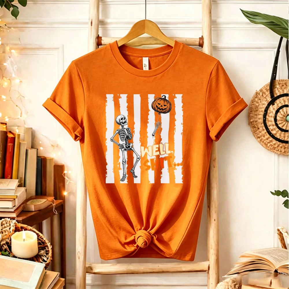 Funny Skeleton Pumpkin Balloon Graphic T‑Shirt Men Women Retro Spooky Halloween Skeleton Striped Background Casual Holiday Tops