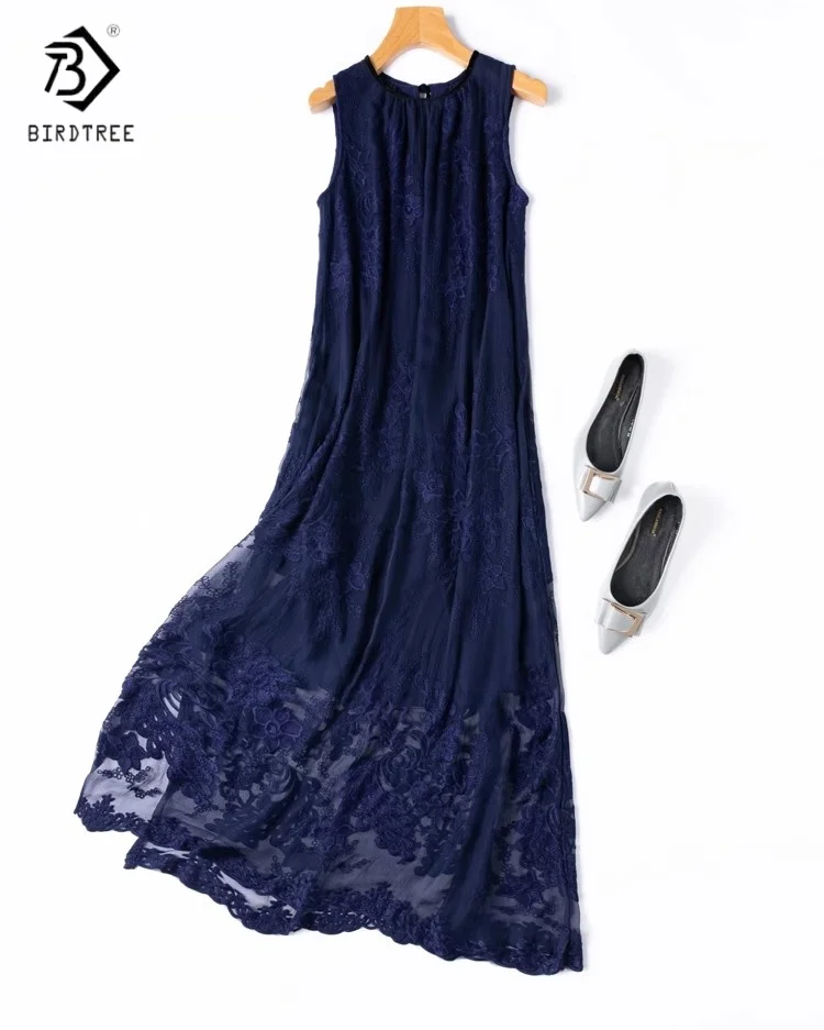 

Birdtree Summer 100% Mulberry Silk Dress,Women's Embroidery O-Neck Sleeveless Lining Solid Color Dress,2025 New D55913JF