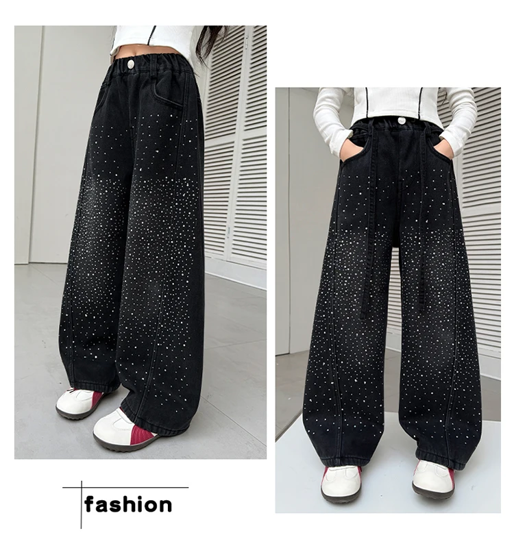 Kinder Mädchen Herbst Schwarze Jeans mit Kristallen, Teenager Kinder Strass Lose Weite Denim-Hosen, Modische Gebogene Messerhosen – Detail 2