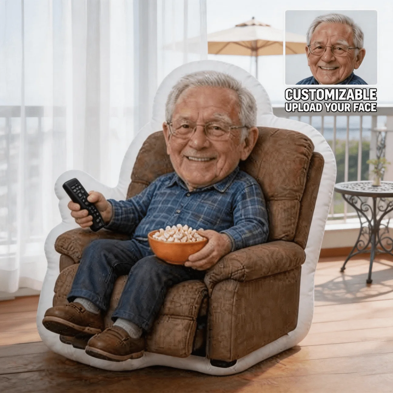 Custom Personalized Photo Face Pillow Elderly Man in Blue Plaid Shirt Sitting on Recliner Custom Shaped Decor Double-Sided Print