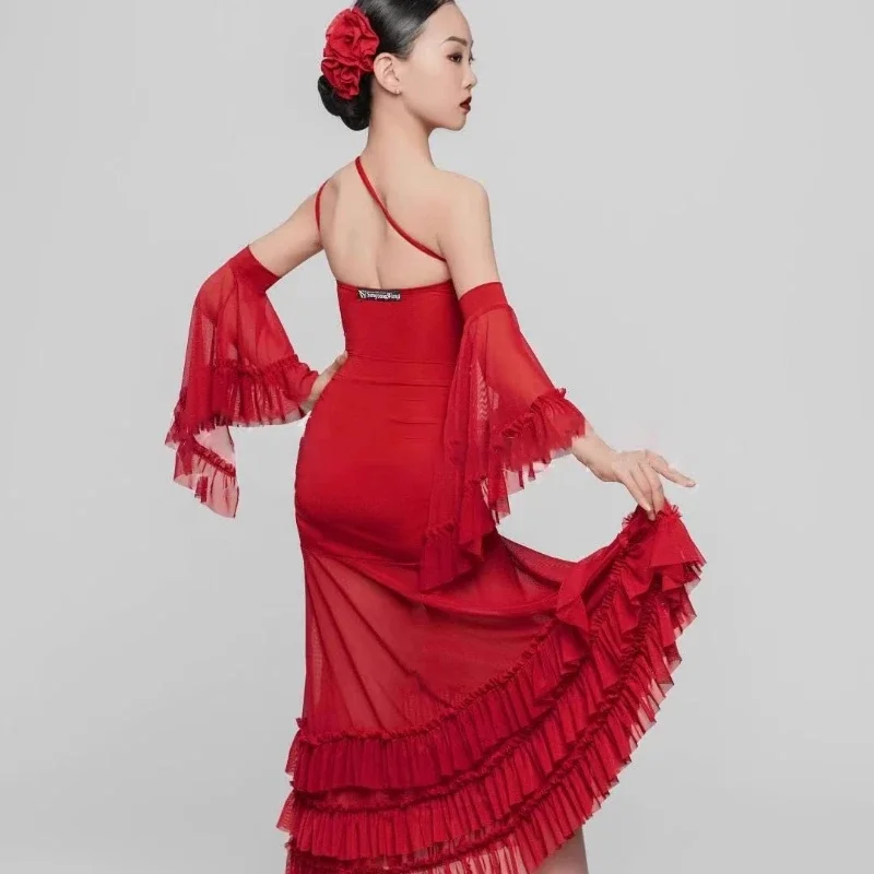 Large size sexy Latin dance performance red dress women's spring and summer new balldance dress tango clothing dance d dress