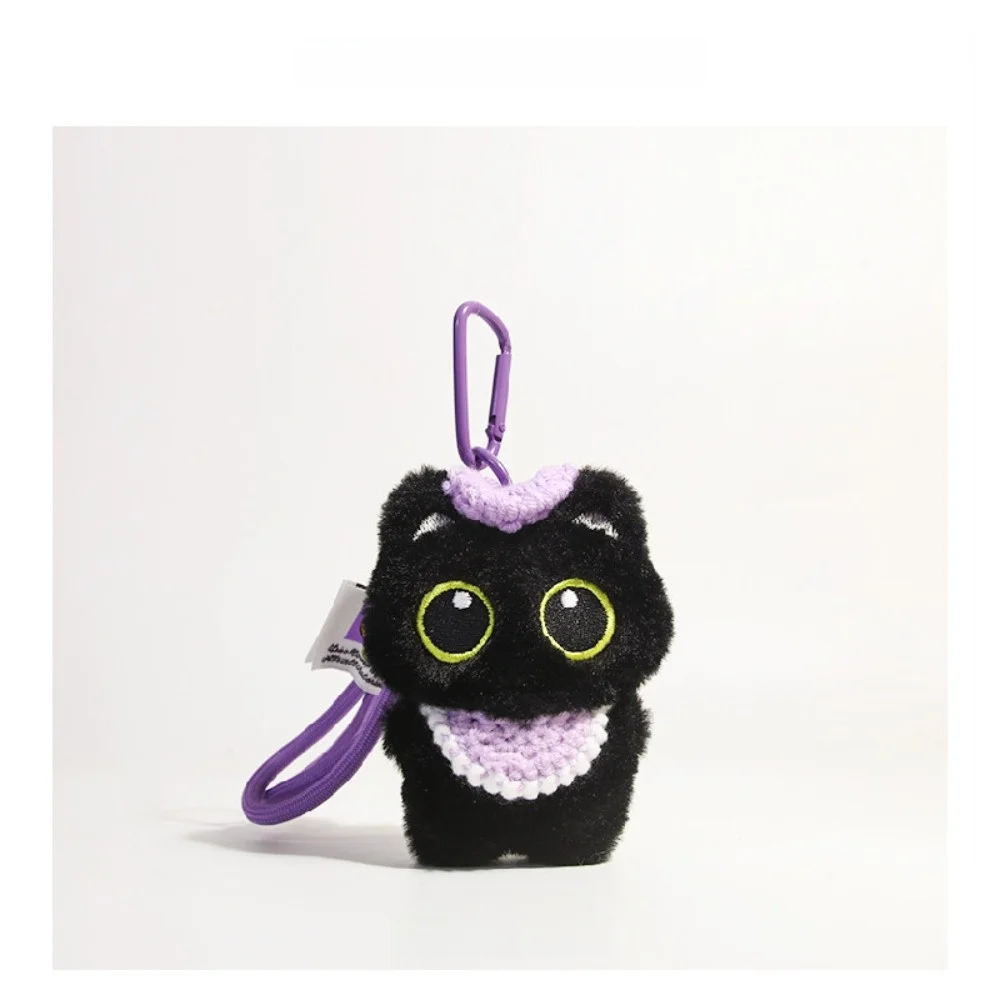 Novo bonito gato preto boneca de pelúcia chaveiro com chapéu de malha babador boneca saco pingente bolsa de ombro chaveiro do carro saco escolar decoração