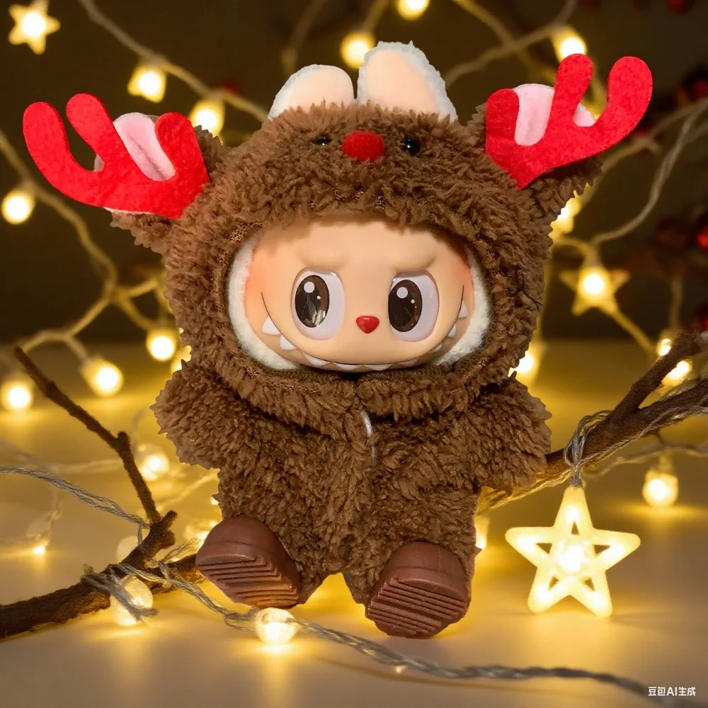 ชุดตุ๊กตา Labubu I II ขนาด 17 ซม. ชุดเสื้อผ้าตุ๊กตาพร้อมกระดิ่งและผ้าคลุมไหล่ ชุดคริสต์มาส เสื้อคลุมแบบสโนว์แมนลายกวาง เสื้อผ้าสไตล์เกาหลี Kpop Exo ชุดตุ๊กตาผ้าพลัช