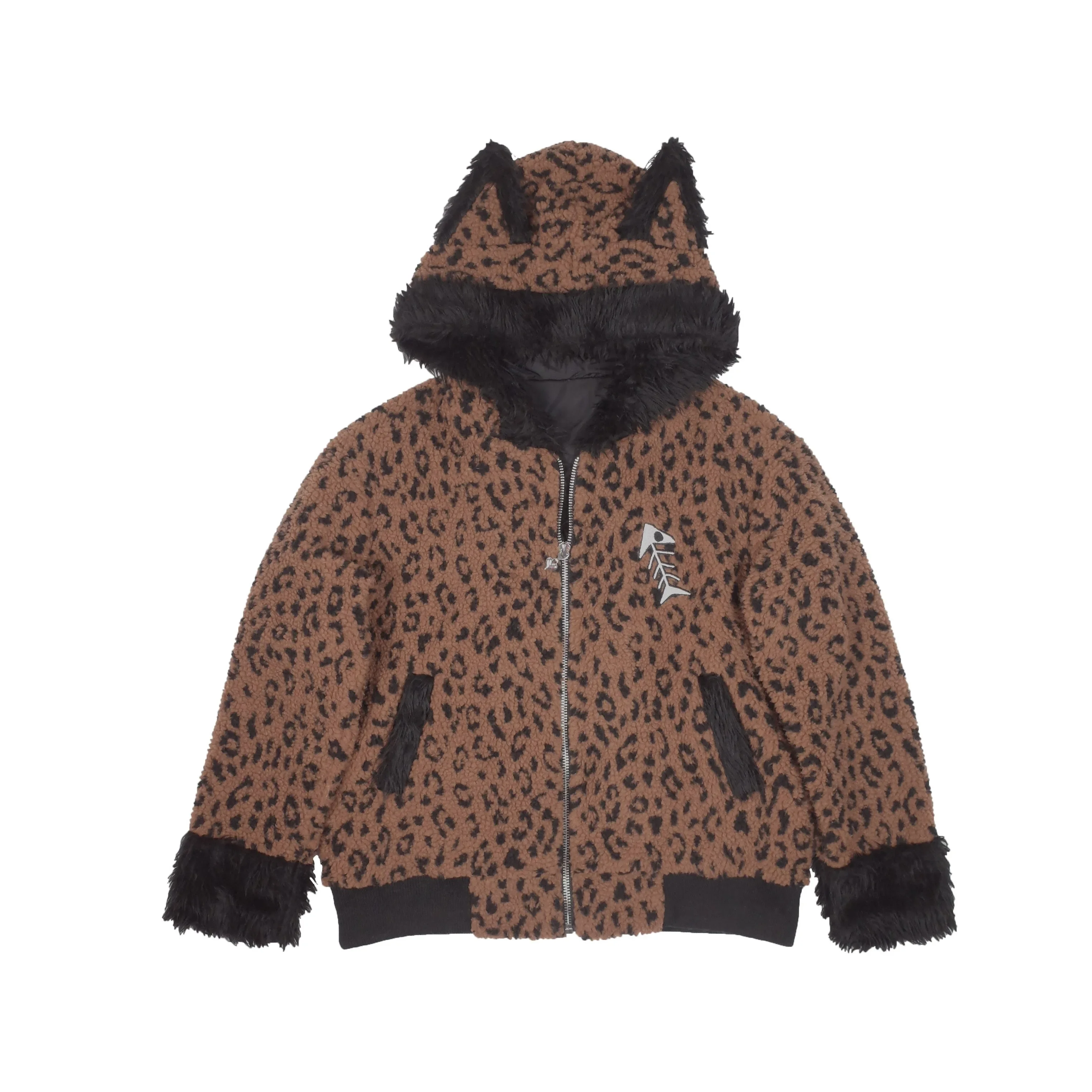 Nekura Japan Harajuku Fish Bones Embroid Wild Cat Ear Furry Coat Women Winter Cute Y2k Leopard Faux Lamb Fur Coat Hooded Jacket