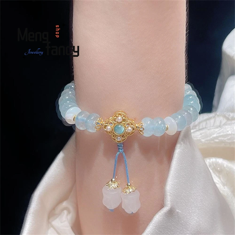 Super Fee Nieuwe Chinese Zoete Verse Mori Blauwe Natuurlijke Chalcedoon Eenvoudig Ontwerp Zacht Temperament Armband Mode Fijne Sieraden