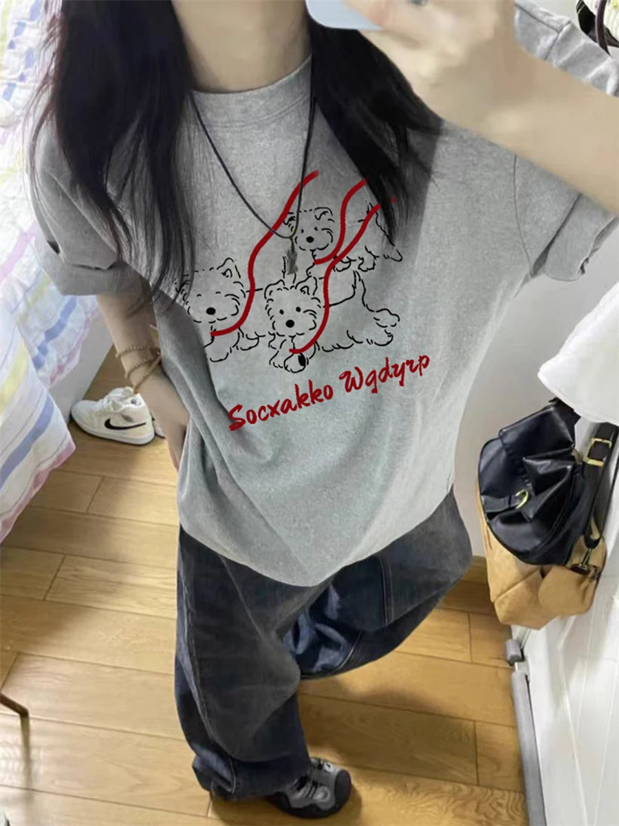 Trendy Dog Print Pure Cotton Short Sleeve Loose Fit T-Shirt Unisex Half Sleeve Summer Moisture Wicking round Neck Top