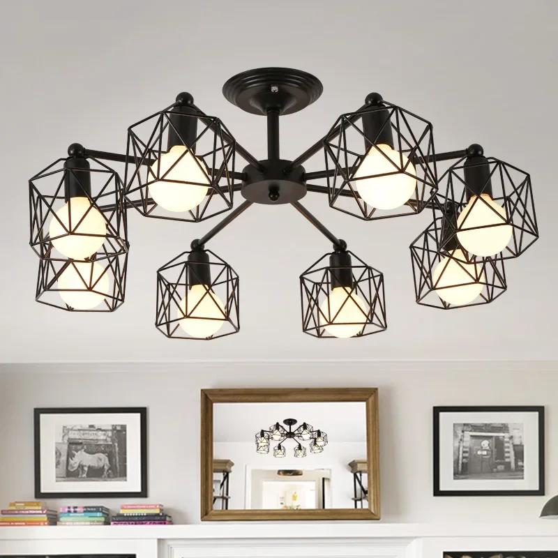 Northern Europe Modern Black Chandelier Iron Cage Ceiling Lamp Fixtures Kitchen Luminiare Bedroom Living Room  Home Decor Lights
