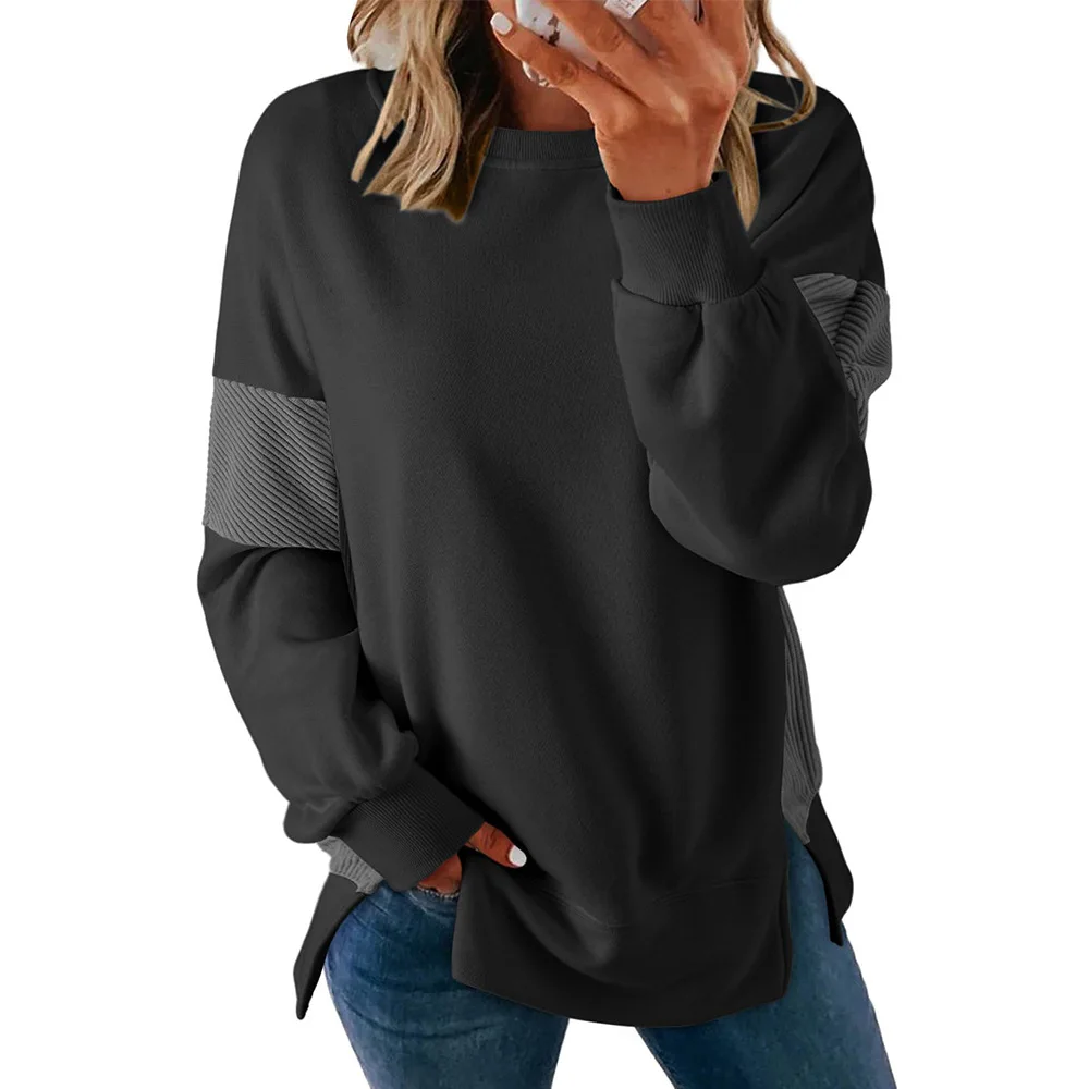 Simple and Fashionable Slit Casual Women's Clothing New Round Neck Color-blocking Round Neck Versatile Casual Loose Sweatshirt