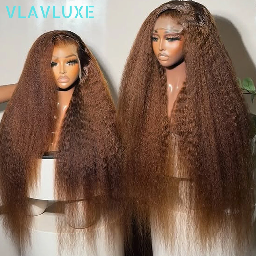 

13x4 HD Lace Front Kinky Straight Brown Colored Human Hair Glueless Wigs HD Lace Frontal Preplucked Wear And Go Wig 400% Denisty