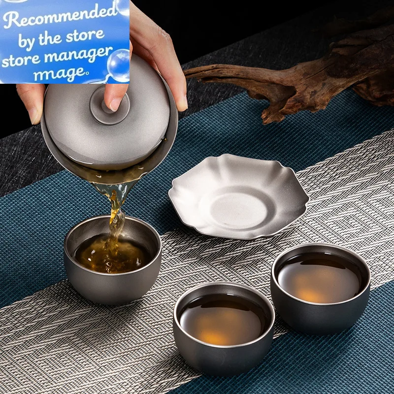 

Титановая чайная чашка Gaiwan Kung Fu, 130 мл, с набором крышек, легкая портативная китайская традиционная чайная чаша с чашками 50 мл