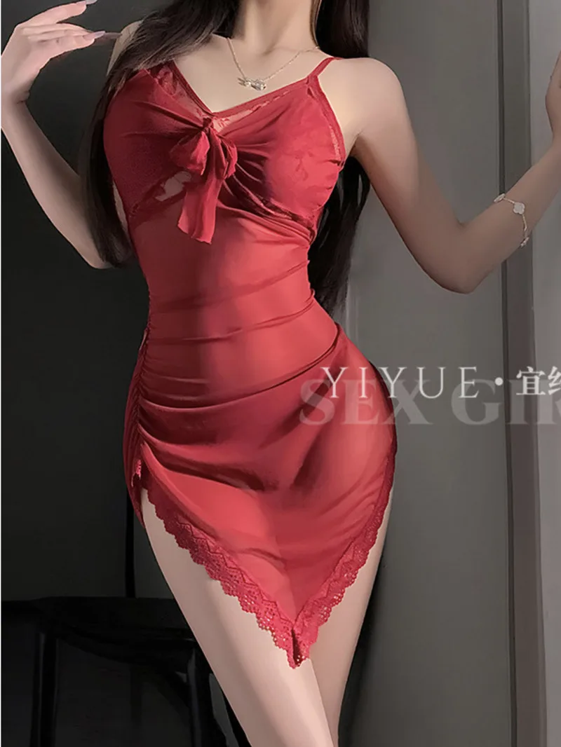 เซ็กซี่ Pure Desire สายคล้อง Nightdress เซ็กซี่ Lace Temptation Tie ชุดชุดนอน Elegant Tank Mini Dress Sheer เสื้อหวาน 9CTM